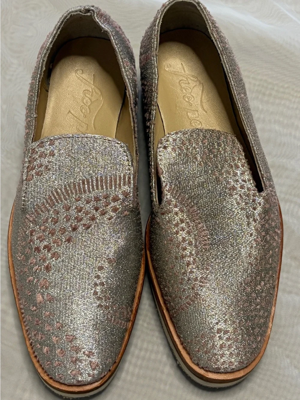 Free People Snake Eyes Metallic Silver Woven Platform Slip-On Loafers Size 6